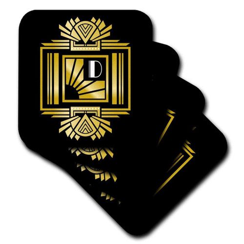 3D Rose Art Deco Monogram Letter D-Gold Effect and White On Black Background Soft Coasters, Mutli-Colour