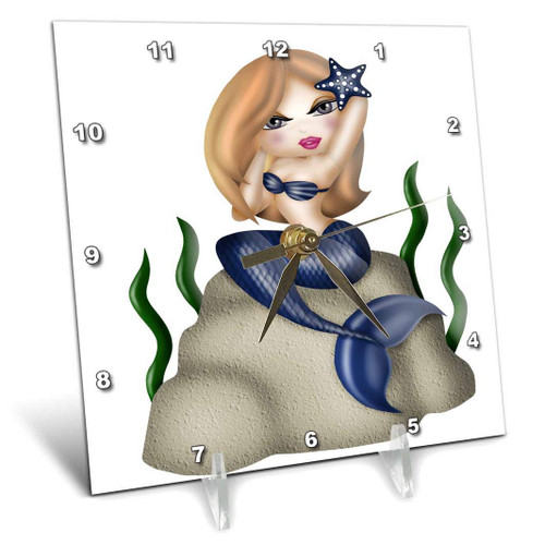3D Rose Cute Blond Haired Mermaid in Blue Sitting On A Rock Illustration Desk Clock, 6" x 6"