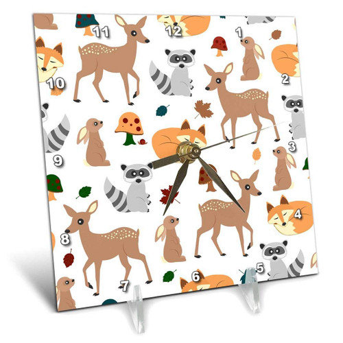 3D Rose Woodland Animals Pattern-Fawn Fox Raccoon Rabbit Desk Clock, 6" x 6"
