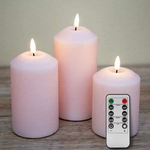 Eywamage Blush Pink Flameless Pillar Candles with Remote, Flickering Real Wax LED Battery Candles Set of 3
