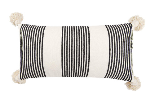Creative Co-Op Cotton & Chenille Vertical Black Stripes, Tassels & Solid Cream Back Pillows, Pack of 1