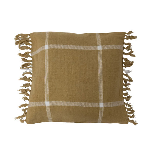 Creative Co-Op Cotton Flannel Plaid Fringe Pillow, 18" L x 18" W x 2" H, Green