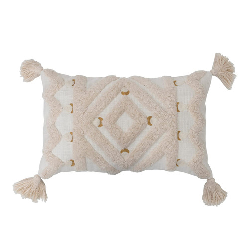 Creative Co-Op Cotton Tufted Lumbar Embroidery and Tassels Pillow, 20" L x 12" W x 2" H, Cream