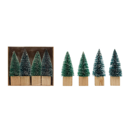 Creative Co-Op Sisal Bottle Brush Trees with Wood Bases, Green, Snow Finish, Boxed Set of 4