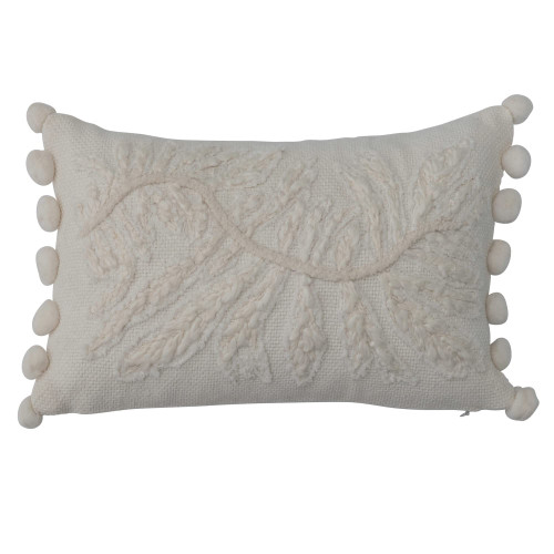 Creative Co-Op Cotton Lumbar Embroidery Poms, White Pillows, 14" L x 9" W x 1" H