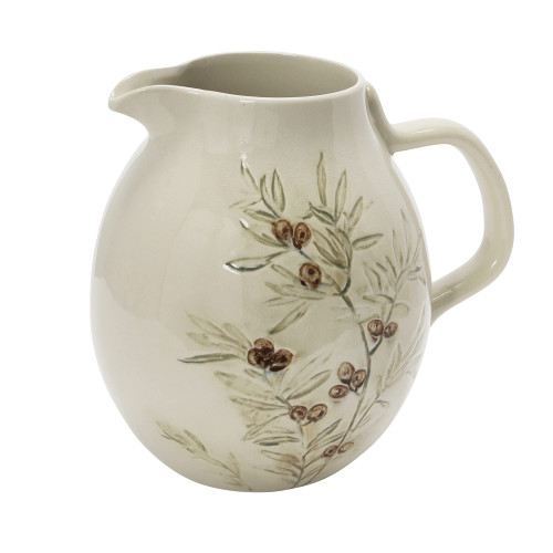Creative Co-Op Debossed Stoneware Pitcher with Olive Branch Design, Cream and Green Reactive Glaze, 7" L x 6" W x 8" H
