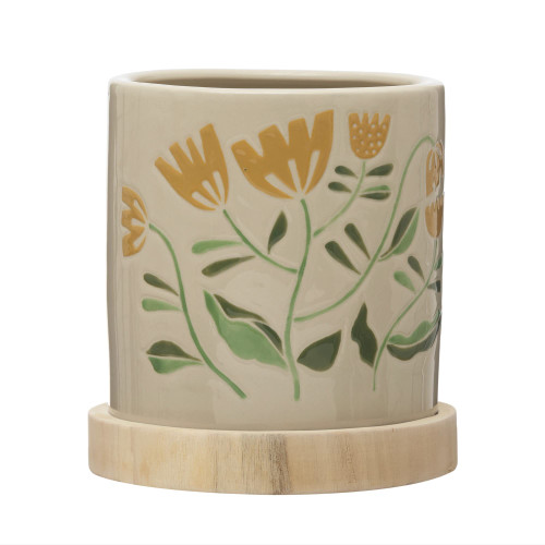 Creative Co-Op Hand Painted Floral Stoneware Planter with Paulownia Wood Saucer, Set of 2, Multicolor, 7" L x 7" W x 8" H