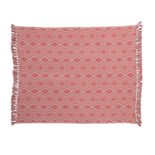 Creative Co-Op Recycled Cotton Blend Geometric Design and Fringe, Multicolor Throw Blanket, Pink