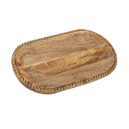Creative Co-Op 16 Inches Hand-Carved Mango Wood Beads, Natural and Gold Finish Tray