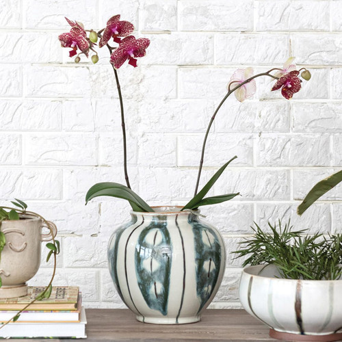 Bloomingville 9 Inches Round Hand-Painted Stoneware Stripes and Reactive Glaze, Cream and Green Vase Bloomingville 9 Inches Round Hand-Painted Stoneware Stripes and Reactive Glaze, Cream and Green Vase