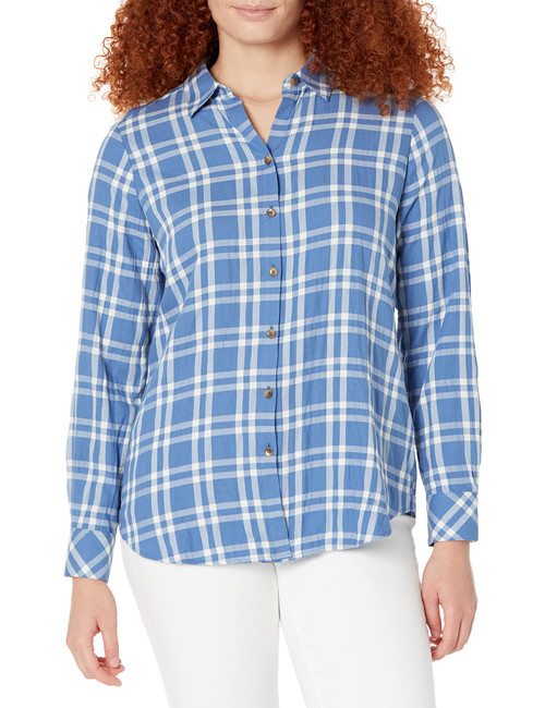Foxcroft Women's Rhea Long Sleeve Pucker Plaid Blouse, Blue Bliss, 2