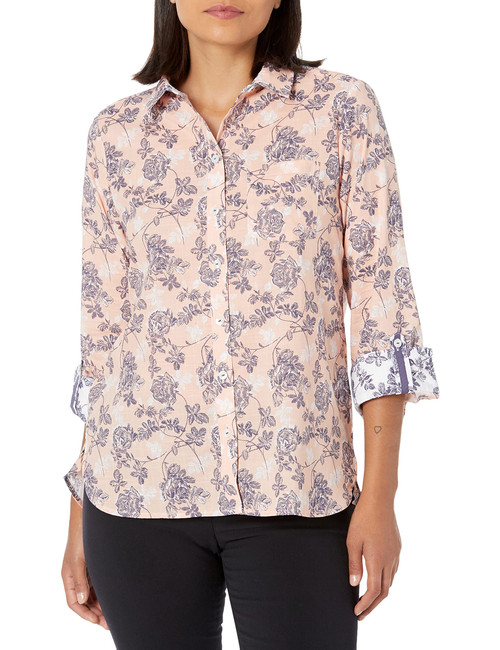 Foxcroft Women's Cole Long Sleeve with Roll Tab Sunset Floral Blouse, Peach Sorbet, 8