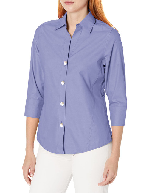 Foxcroft Women's Paityn 3/4 Sleeve Solid Pinpoint Shaped Blouse, IRIS Bloom, 4