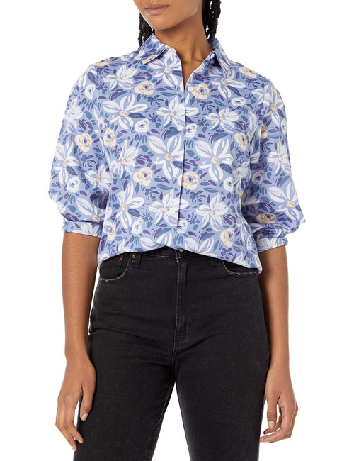 Foxcroft Women's Ruby 3/4 Sleeve Brushstroke Blossoms Blouse, IRIS Bloom, 6