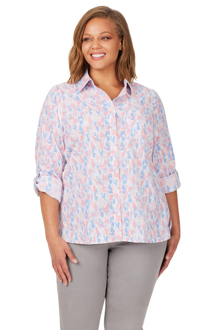 Foxcroft Women's Plus Size Cole Long Sleeve with ROLL TAB Highlights Shirt, Blue Multi, 18W