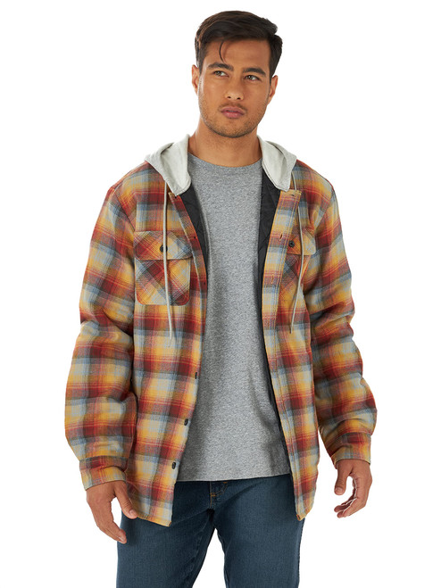 Wrangler Authentics Men's Long Sleeve Quilted Lined Flannel Shirt Jacket with Hood, Red/Yellow, X-Large