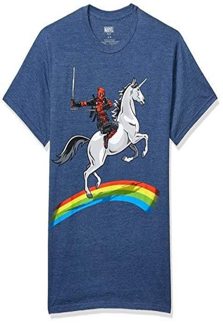 Marvel Deadpool Riding a Unicorn on a Rainbow T-Shirt, Navy Heather, 3X-Large