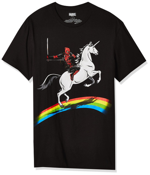 Marvel unisex adult Deadpool Riding a Unicorn on Rainbow T-shirt T Shirt, Black, Small US