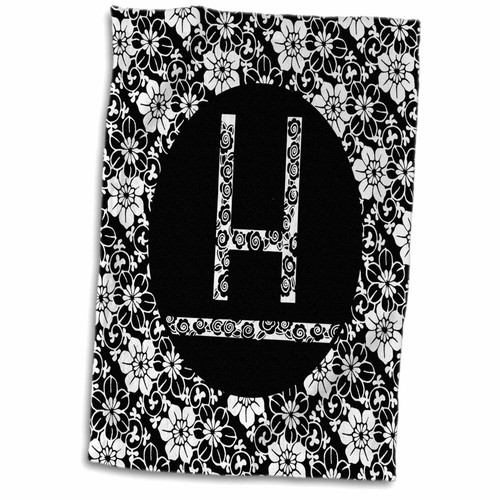 3D Rose Pretty Black and White Floral Monogram Letter H Hand Towel, 15" x 22", Multicolor