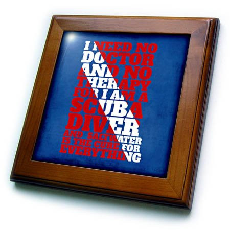3dRose Word Art for Scuba Divers in Red White Dive Flag Colors On Blue Framed Tile, 6" x 6"