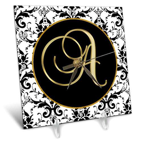 3dRose Image of The Script Letter A in Black White and Gold Desk Clock, 6x6