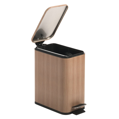 mDesign Slim Metal Rectangle 1.3 Gallon/5 Liter Trash Can with Step Pedal, Easy-Close Lid, Removable Liner - Narrow Wastebasket Garbage Container Bin for Bathroom, Bedroom, Kitchen - Medium Oak