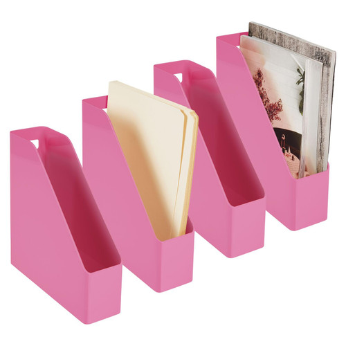 mDesign Plastic Slim Vertical File Folder Storage Organizer Bin with Handle - Hold Notebooks, Binders, Envelopes, Magazines for Home Office, Work Desktops, Ligne Collection, 4 Pack, Rose Pink
