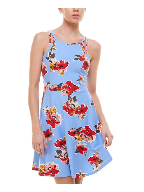 PLANET GOLD Womens Blue Stretch Floral Sleeveless Scoop Neck Above The Knee Party Fit + Flare Dress Juniors XL