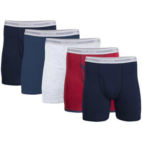 Gildan Men's Underwear Boxer Briefs, Multipack, Navy/Heather Navy/Sport Grey/Dot/Navy (5-Pack), Medium