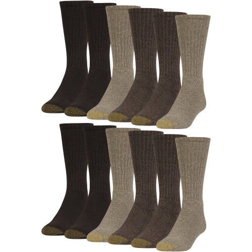 GOLDTOE Men's Harrington Crew Socks, Multipairs, Taupe Marl/Khaki Marl/Brown (12-Pairs), Large