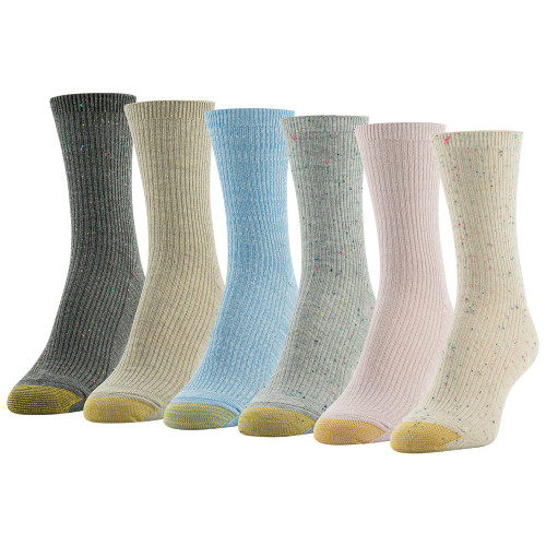 GOLDTOE Women's Lola Ribbed Short Crew Socks, 6-Pairs, Nep Rib Sand Assorted, Medium