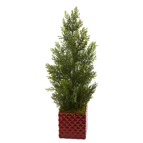 Nearly Natural 25-in. Mini Cedar Pine Artificial Red Planter (Indoor/Outdoor) Silk Trees Green