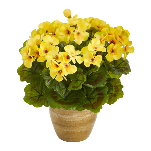 Nearly Natural Mini 11in. Geranium Artificial Plant in Ceramic Planter UV Resistant (Indoor/Outdoor), Yellow