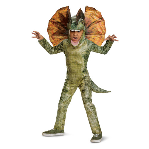 Dilophosaurus Costume for Kids, Official Jurassic World Jumpsuit and Headpiece, Child Size Small (4-6)