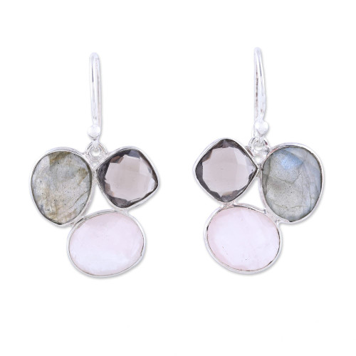 NOVICA Artisan Handmade Multigemstone Dangle Earrings .925 Sterling Silver from India Smoky Quartz Rose Labradorite Birthstone 'Enchanting Trinity'