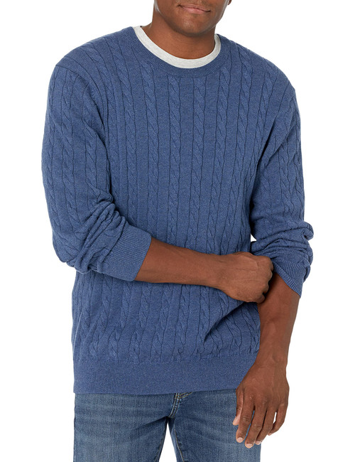 Amazon Essentials Men's Crewneck Cable Cotton Sweater, Blue Heather, Large