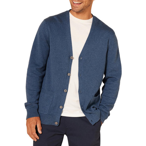 Amazon Essentials Men's Cotton Cardigan Sweater, Blue Heather, X-Large