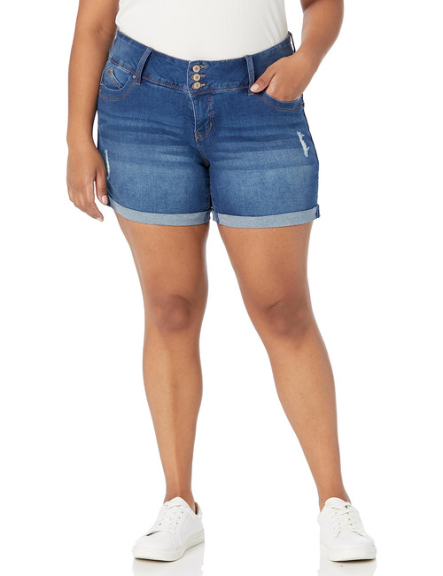 Royalty For Me Women's Plus Size Wannabettabutt 3-Button Cuffed Shorts Sustainable, Medium Blue Rips, 16W