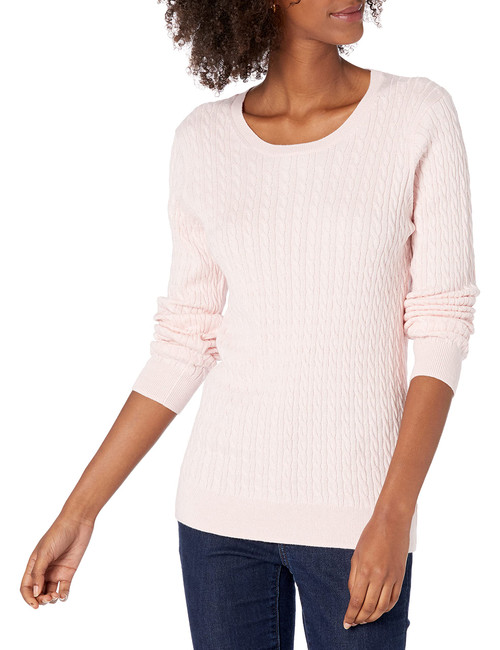 Amazon Essentials Women's Lightweight Long-Sleeve Cable Crewneck Sweater (Available in Plus Size), Light Pink, Medium