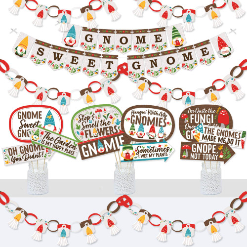 Big Dot of Happiness Garden Gnomes - Banner and Photo Booth Decorations - Forest Gnome Party Supplies Kit - Doterrific Bundle