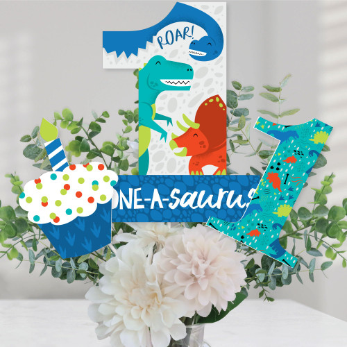 Big Dot of Happiness 1st Birthday Roar Dinosaur - ONEasaurus Dino First Birthday Party Centerpiece Sticks - Table Toppers - Set of 15