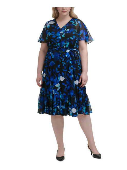 Calvin Klein Womens Blue Zippered Belted Chiffon Lined Floral Flutter Sleeve V Neck Below The Knee Evening Fit + Flare Dress Plus 22W