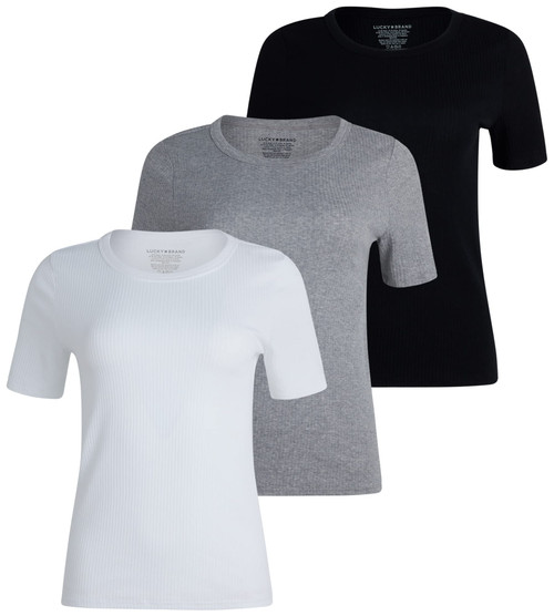 Lucky Brand Women's T-Shirt - 3 Pack Stretch Cotton Crewneck Ribbed Short Sleeve Shirt - Basic Solid T-Shirts for Women, S-XL, Size X-Large, Black/Heather/White