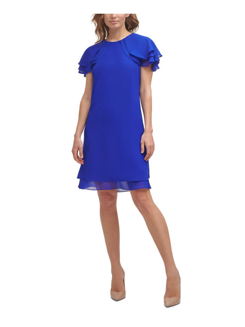 JESSICA HOWARD Womens Blue Zippered Tiered Lined Flutter Sleeve Crew Neck Above The Knee Party Shift Dress 6