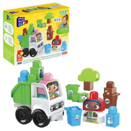 MEGA BLOKS Fisher Price Toddler Building Blocks, Green Town Sort & Recycle Squad with 15 Pieces, 2 Figures, Toy Gift Ideas for Kids