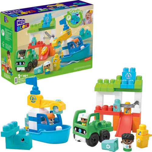 MEGA BLOKS Fisher Price Preschool Building Toys, Green Town Ocean Time Clean Up with 70 Toddler Blocks, 3 Figures, Kids Age 1+ Years