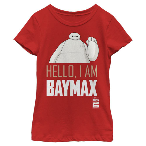 Disney Big Hero Six Series Hello Baymax Girl's Solid Crew Tee, Red, Medium