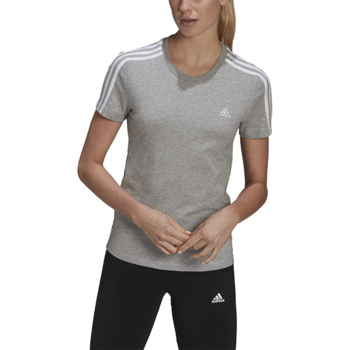 adidas Women's Essentials Slim 3-Stripes Tee, Medium Grey Heather/White, Small