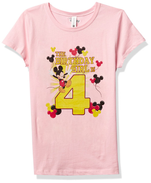 Disney Characters Mickey Birthday 4 Girl's Solid Crew Tee, Light Pink, X-Small Disney Characters Mickey Birthday 4 Girl's Solid Crew Tee, Light Pink, X-Small
