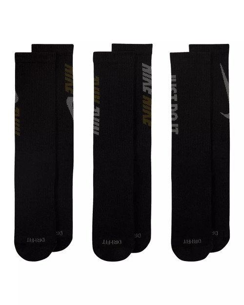 Nike Men`s Everyday Plus Graphic Cushioned Crew Socks 3 Pack (Large, Black(DD1526-010)/G_G)